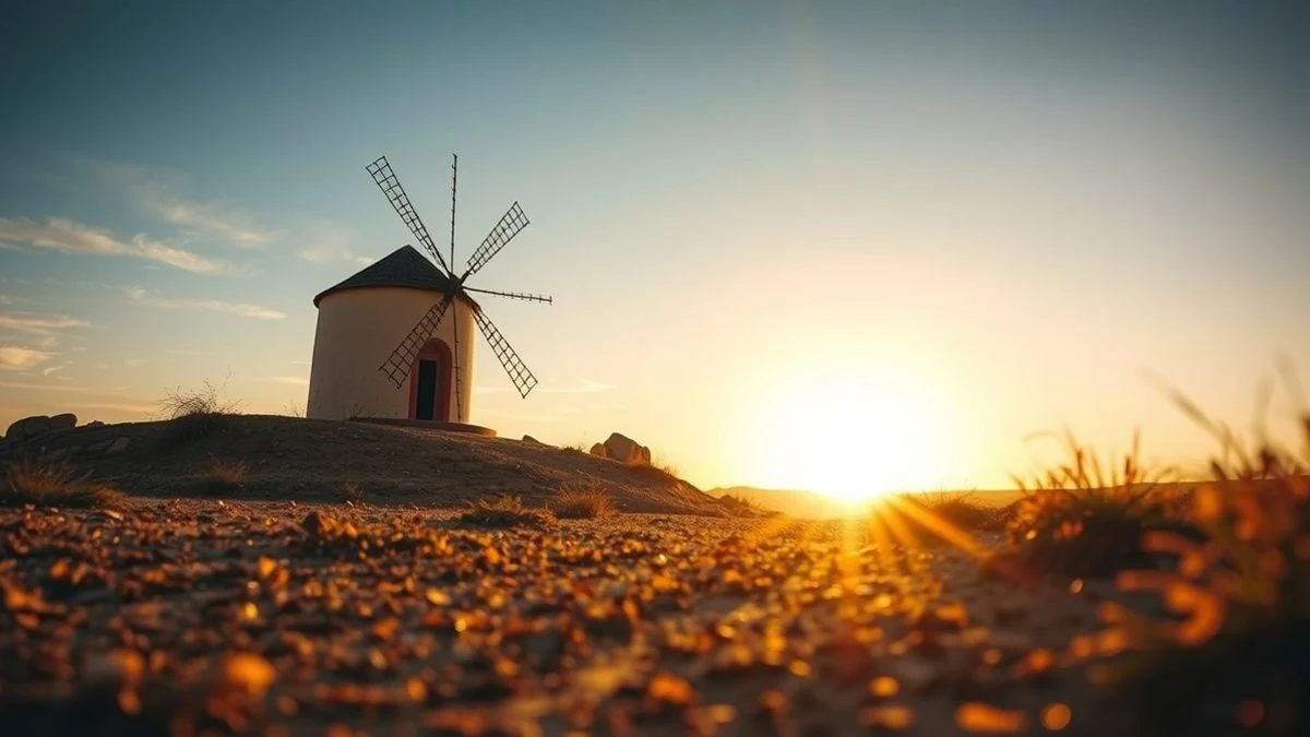 Molino de viento en un cerro al atardecer, con cielo nublado y camino de tierra