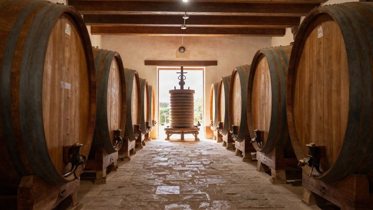 Imagen ilustrativa: interior de una bodega tradicional con tinas de madera y luz natural entrando por una puerta.