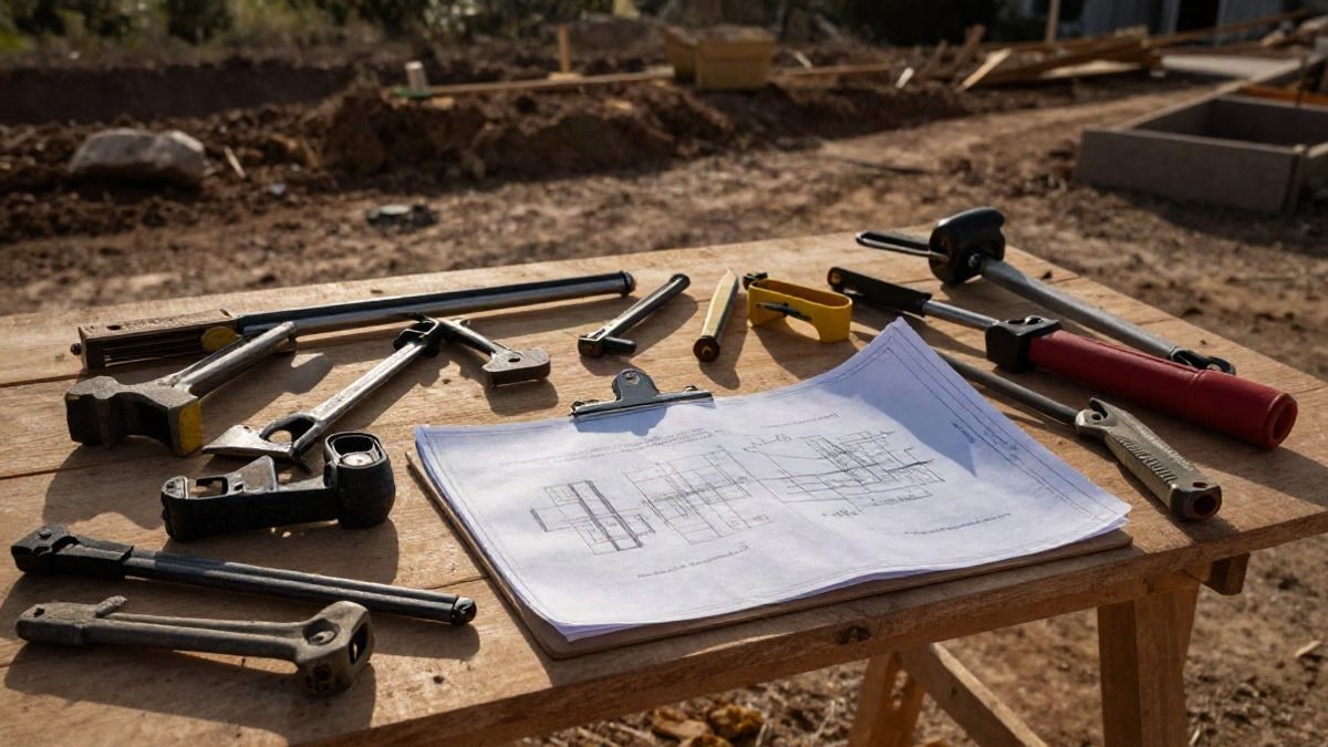 Imagen ilustrativa: vista cenital de una mesa con planos y herramientas de obra en un entorno rural