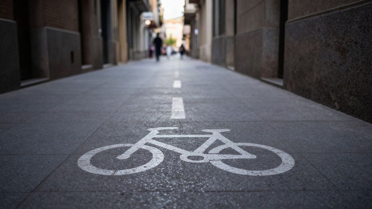Imagen ilustrativa: acera urbana estrecha con carril bici pintado y obstáculos al fondo