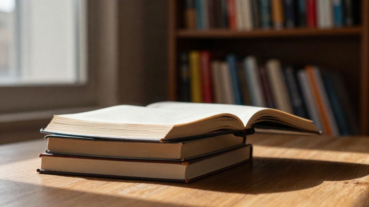 Imagen ilustrativa: pila de libros recién impresos sobre una mesa de madera junto a una ventana