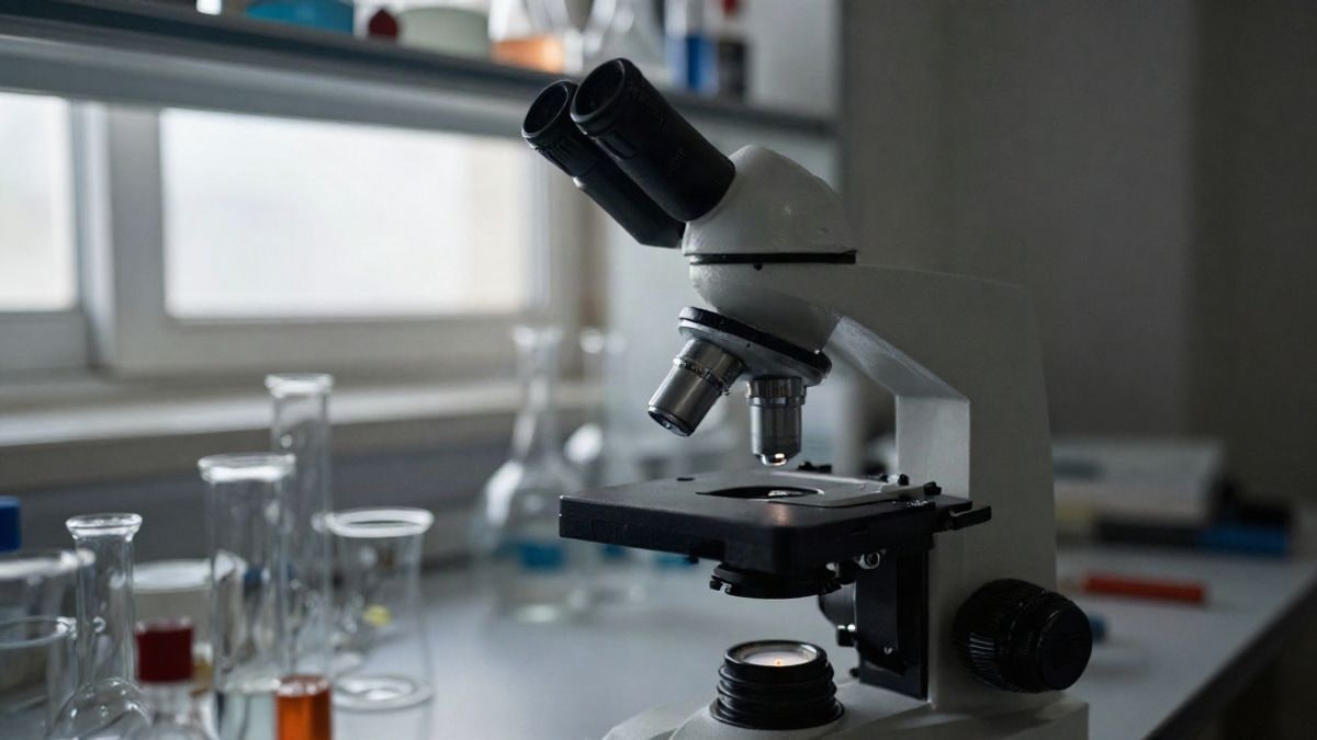Imagen ilustrativa: primer plano de un microscopio y material de laboratorio sobre una mesa