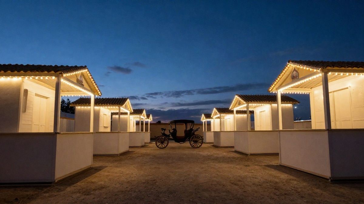 Imagen ilustrativa: casetas de feria iluminadas al atardecer con un carruaje al fondo
