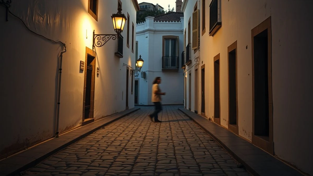 Imagen ilustrativa: una calle estrecha y empedrada de un pueblo andaluz al atardecer, con una figura pequeña y desenfocada al fondo, que sugiere soledad.