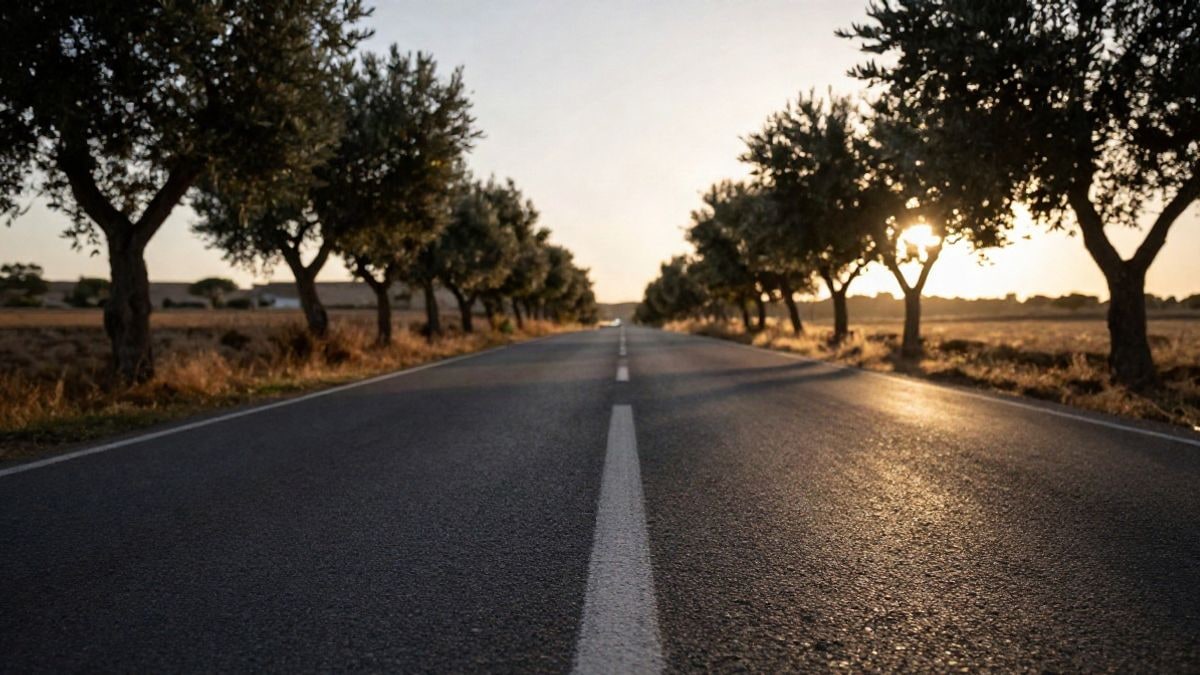 Imagen ilustrativa: carretera rural vacía al atardecer con sombras largas y contraluz sobre el asfalto