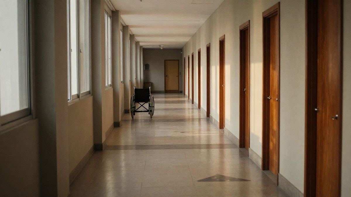 Imagen ilustrativa: pasillo institucional vacío con líneas que convergen y luz natural al fondo