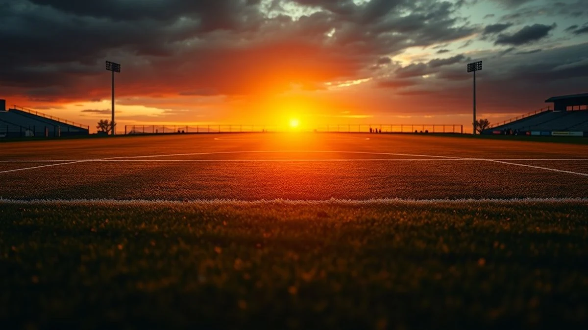 Campo de fútbol al atardecer con la demarcación de lateral derecho marcada en el césped y sombras alargadas