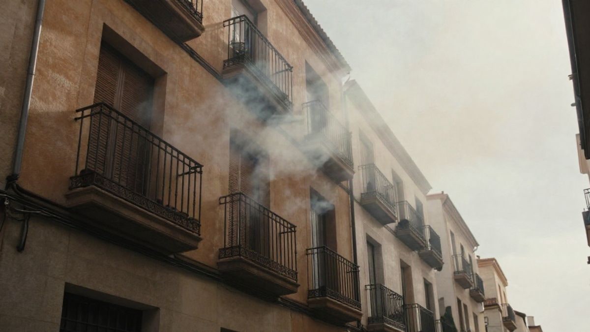 Imagen ilustrativa: humo saliendo de una ventana en la fachada de un edificio residencial de tres plantas