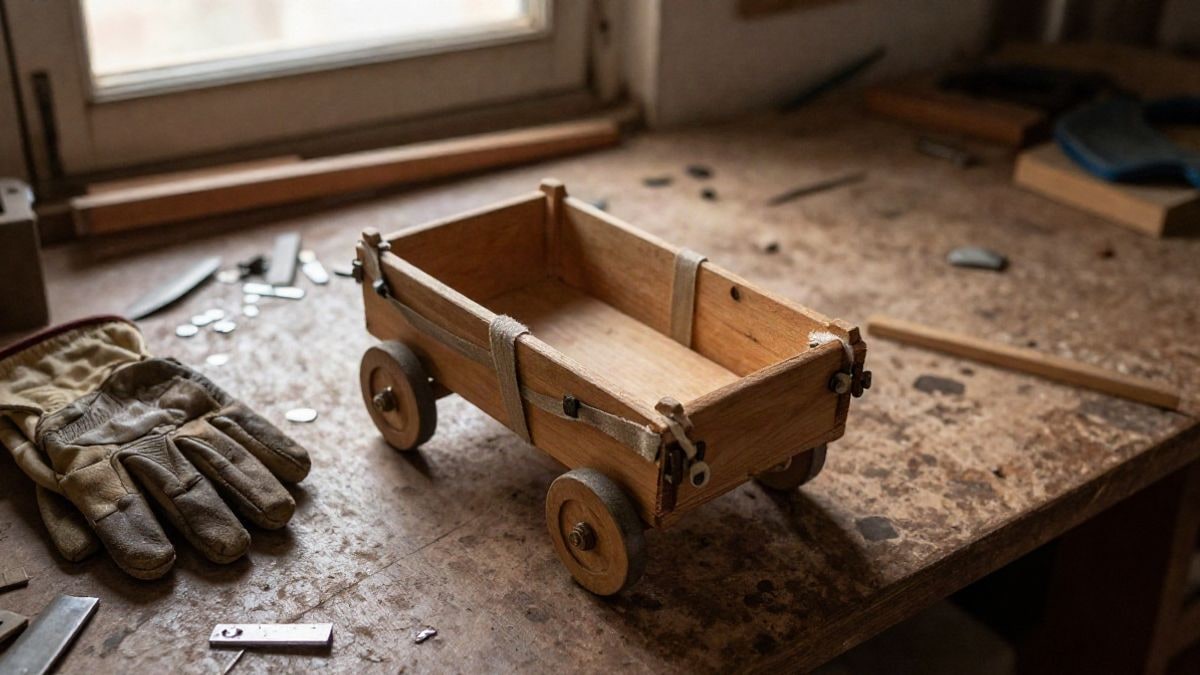 Imagen ilustrativa: carrito artesanal con ruedas y correas sobre una mesa de taller rústico