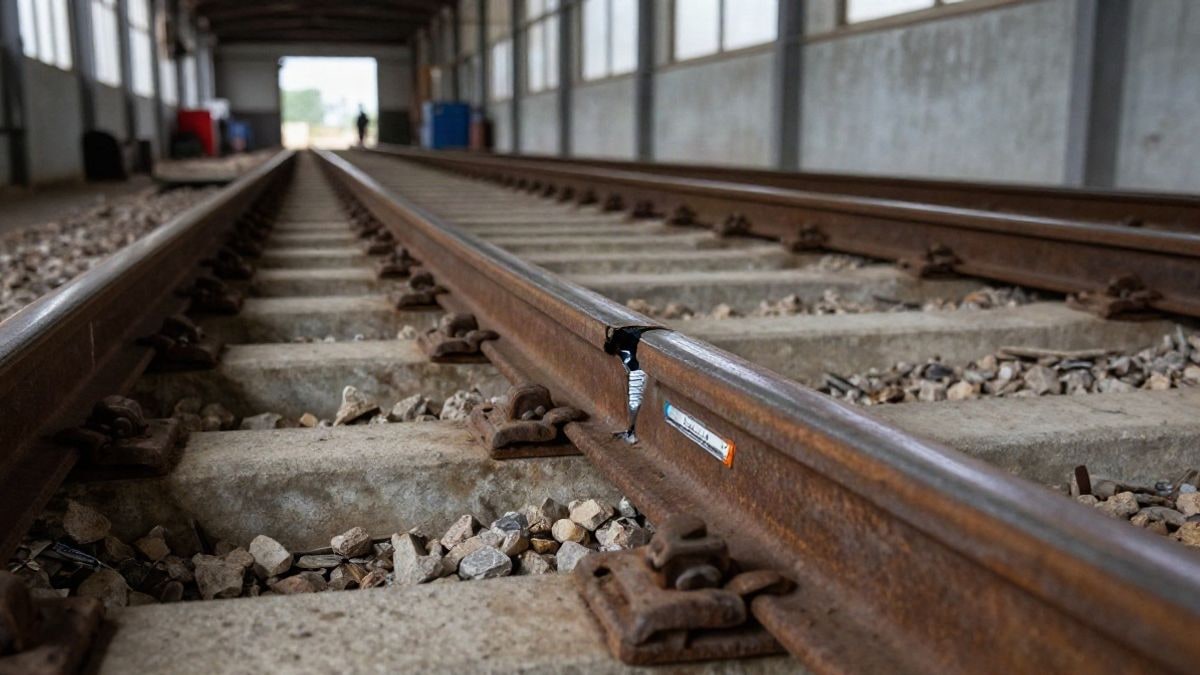 Imagen ilustrativa: primer plano de un carril de tren fracturado en una soldadura, con traviesas agrietadas y luz lateral.