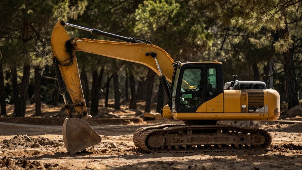 Imagen ilustrativa: excavadora pesada forestal estacionada junto a un pinar al atardecer