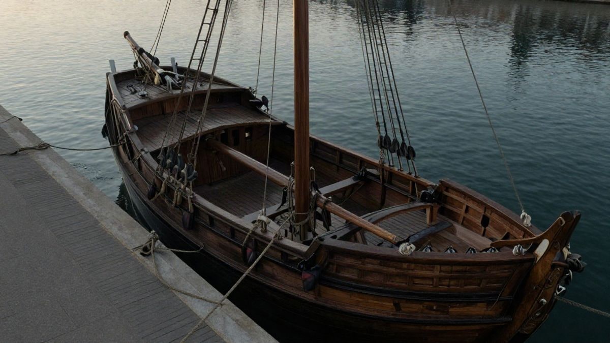 Imagen ilustrativa: vista cenital de una réplica de nave histórica atracada en un muelle