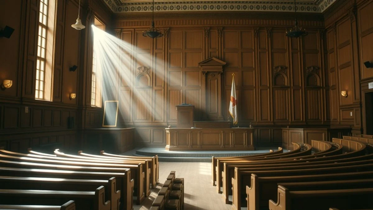 Imagen ilustrativa: interior de un salón de plenos vacío con luz de ventana lateral