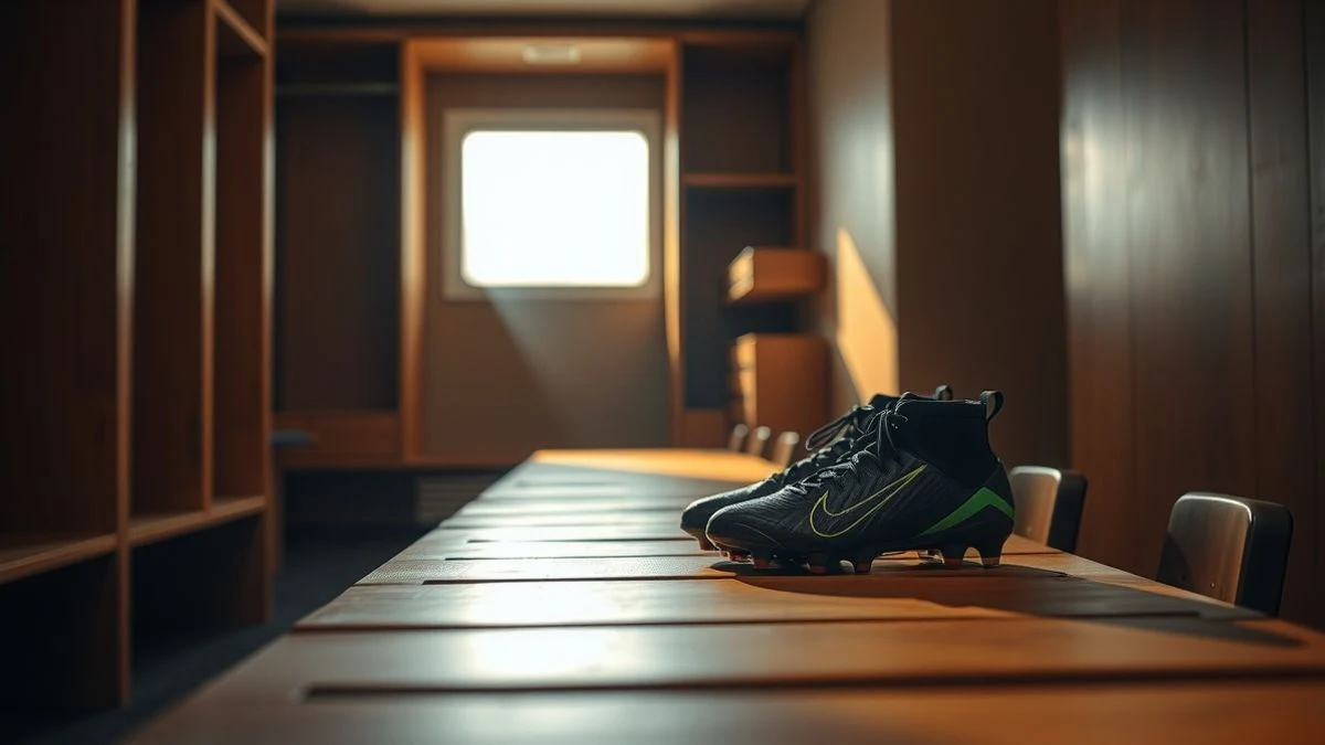 Imagen ilustrativa: interior de un vestuario de fútbol con botas y espinilleras sobre un banco de madera, iluminado por luz lateral de ventana.
