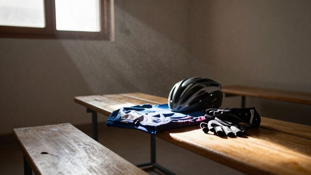 Imagen ilustrativa: banco de madera en un vestuario deportivo vacío, con casco y guantes de ciclismo junto a una ventana con luz lateral