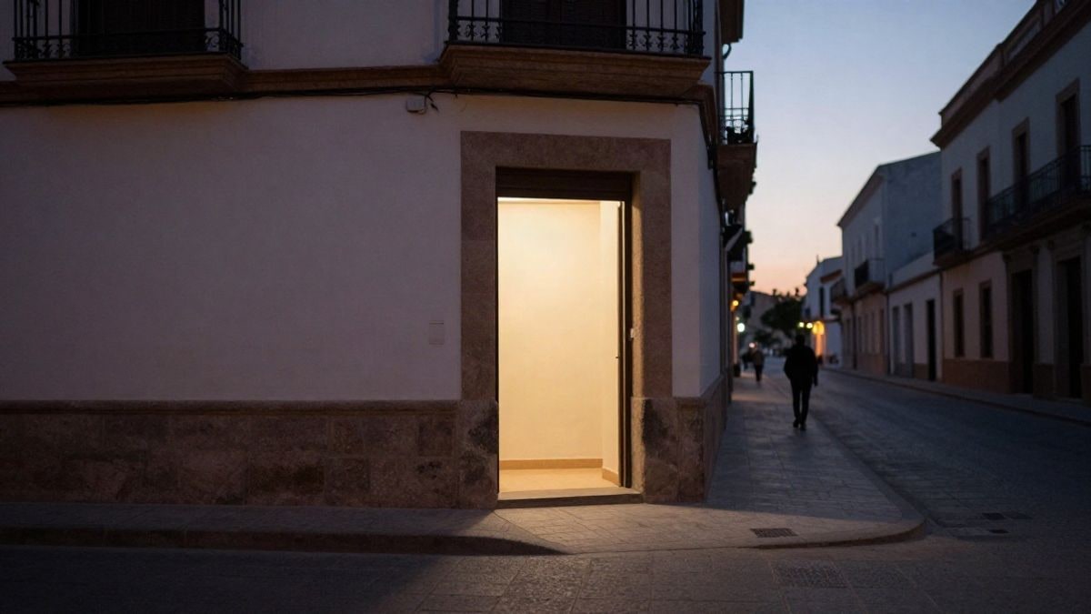 Imagen ilustrativa: entrada de un edificio modesto al atardecer con una figura pequeña alejándose por la acera