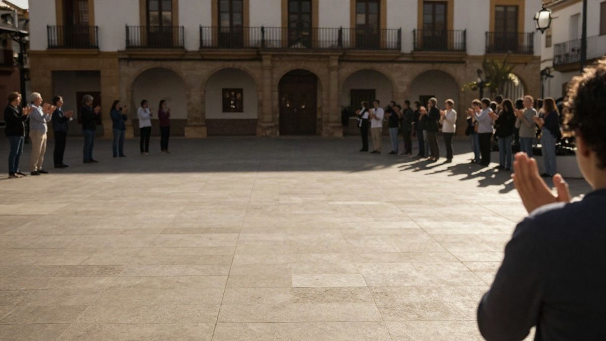 Imagen ilustrativa: plaza de un ayuntamiento genérico con un grupo reducido de personas mayores aplaudiendo de espaldas