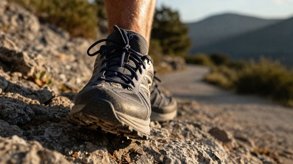 Imagen ilustrativa: primer plano de una zapatilla de trail sobre terreno rocoso de montaña