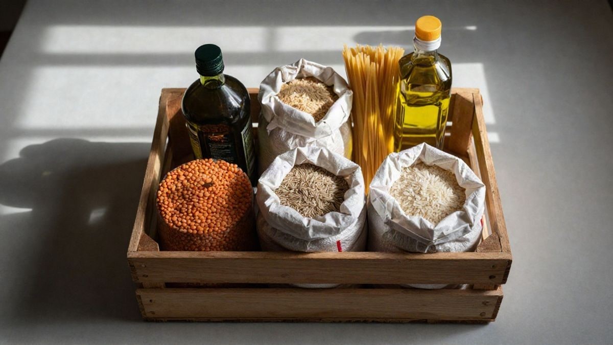 Imagen ilustrativa: caja de madera con alimentos no perecederos vista desde arriba sobre una mesa con luz natural