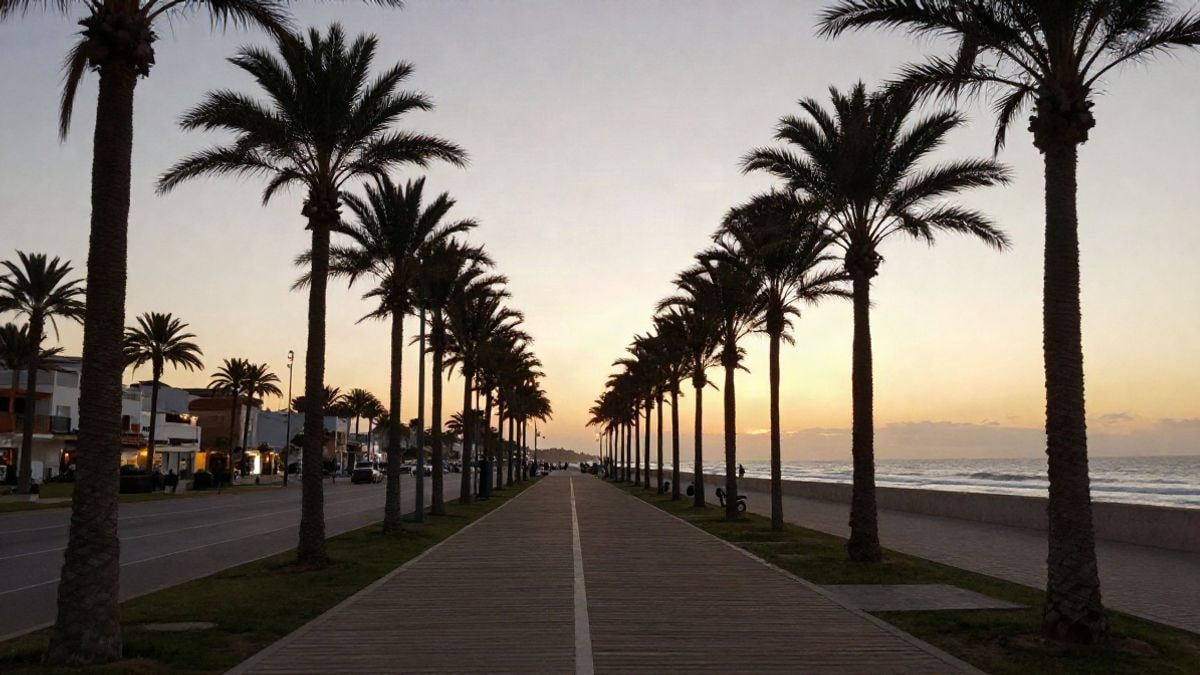 Imagen ilustrativa: paseo marítimo con palmeras y pasarelas de madera al atardecer