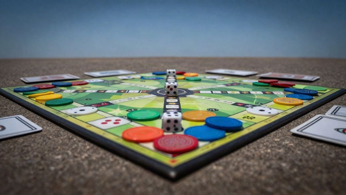 Imagen ilustrativa: mesa con juegos de mesa y fichas de colores bajo un cielo despejado