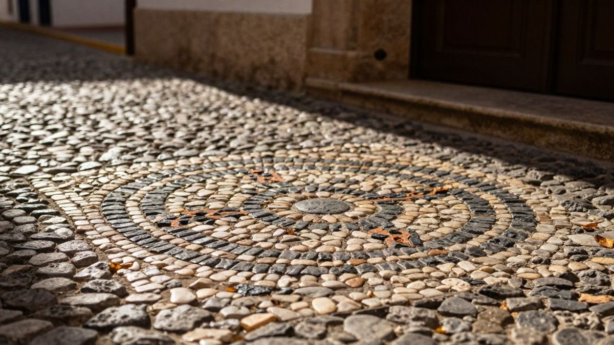 Imagen ilustrativa: primer plano de un pavimento empedrado con un dibujo de piedra a la entrada de una casa