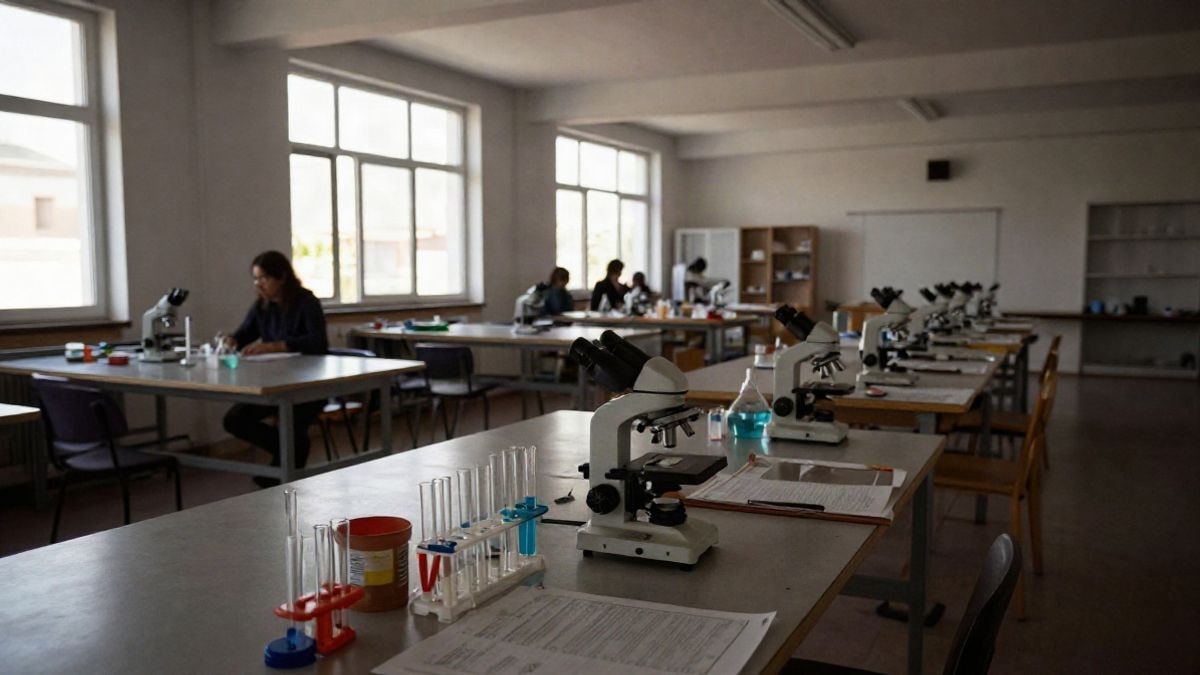 Imagen ilustrativa: taller de divulgación científica con mesas y material de laboratorio en una sala luminosa