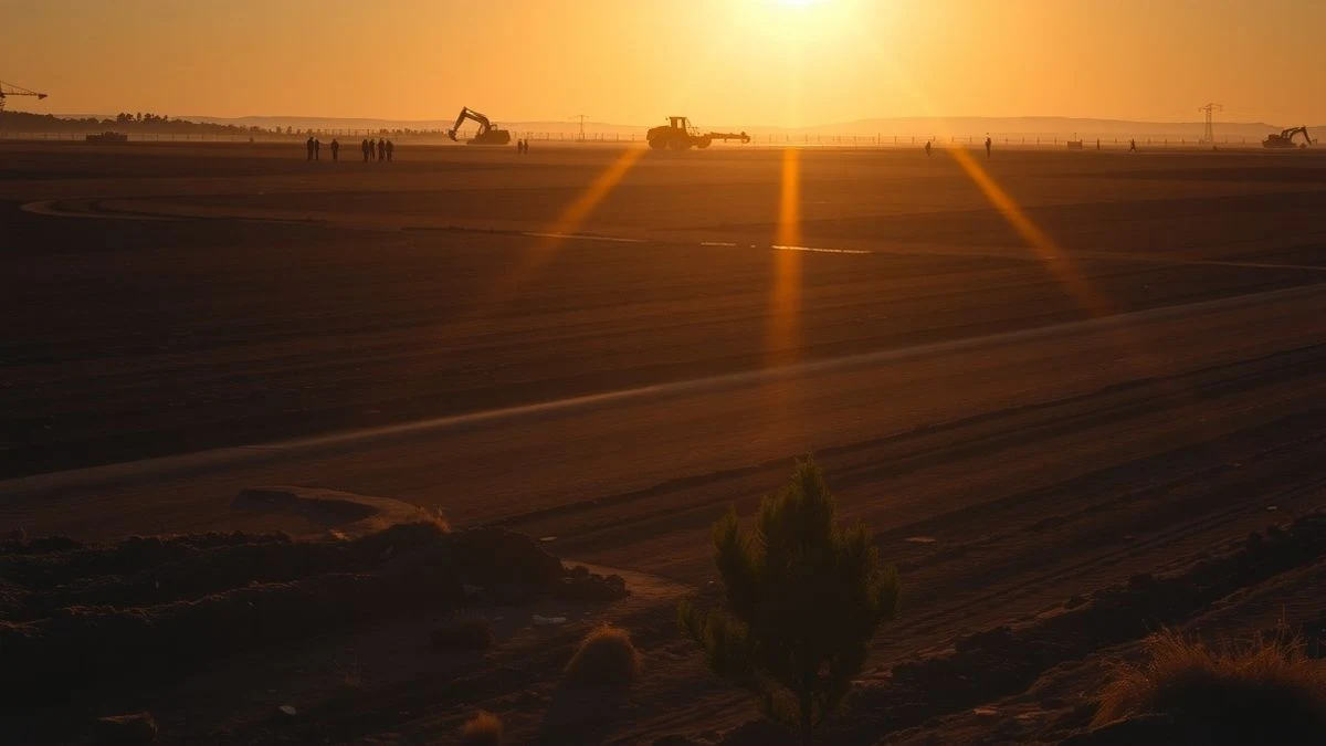Atardecer sobre una parcela degradada con maquinaria de obras y sombras alargadas