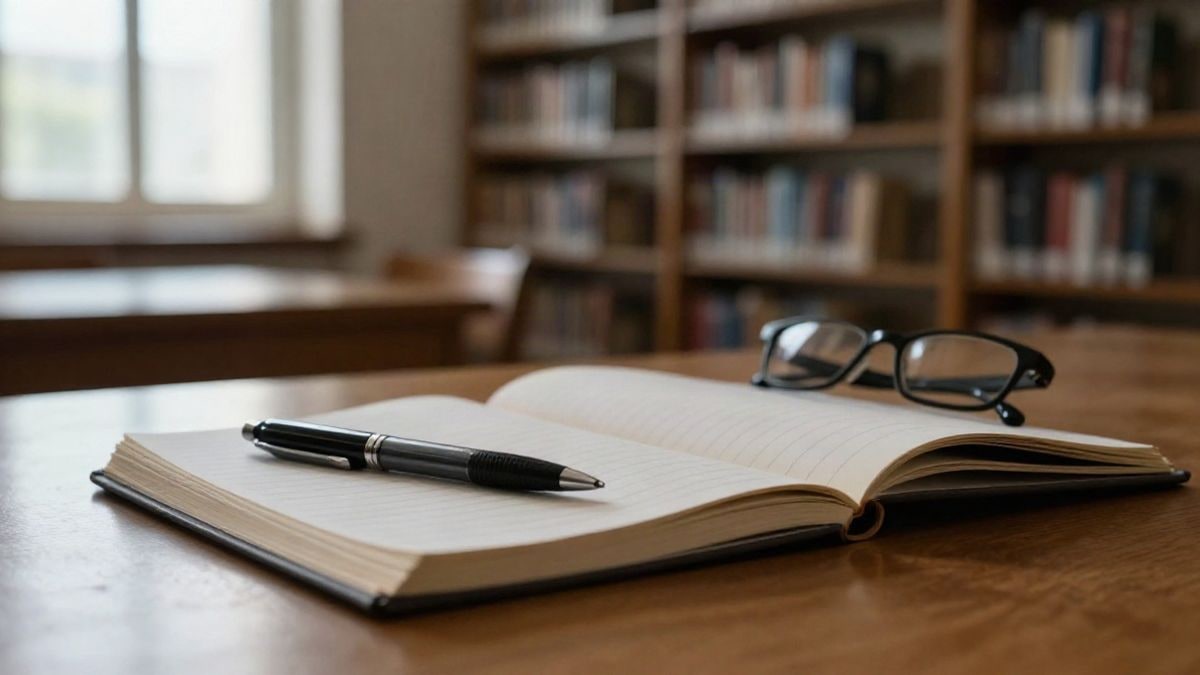 Imagen ilustrativa: primer plano de un escritorio con un cuaderno abierto y una pluma, en un entorno universitario