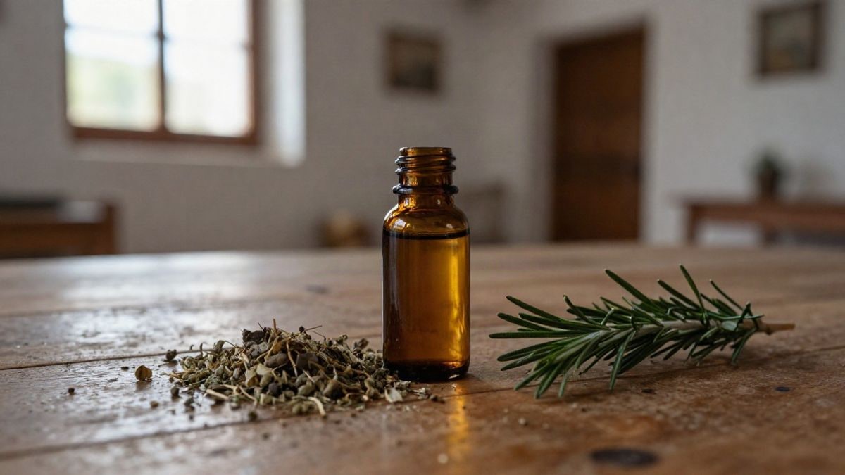 Imagen ilustrativa: un frasco de perfume de vidrio ámbar junto a hierbas secas sobre una mesa de madera rústica