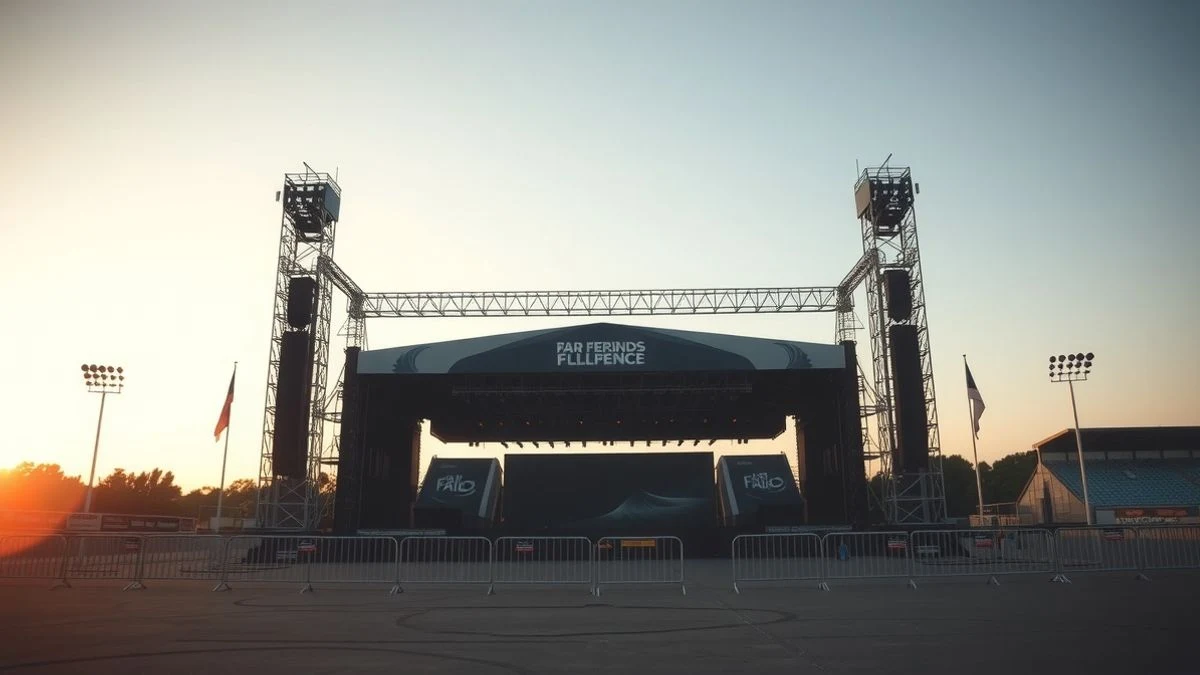 Imagen ilustrativa: un gran escenario vacío en construcción al atardecer, con vallas metálicas y torres de iluminación, al fondo un graderío genérico de estadio.