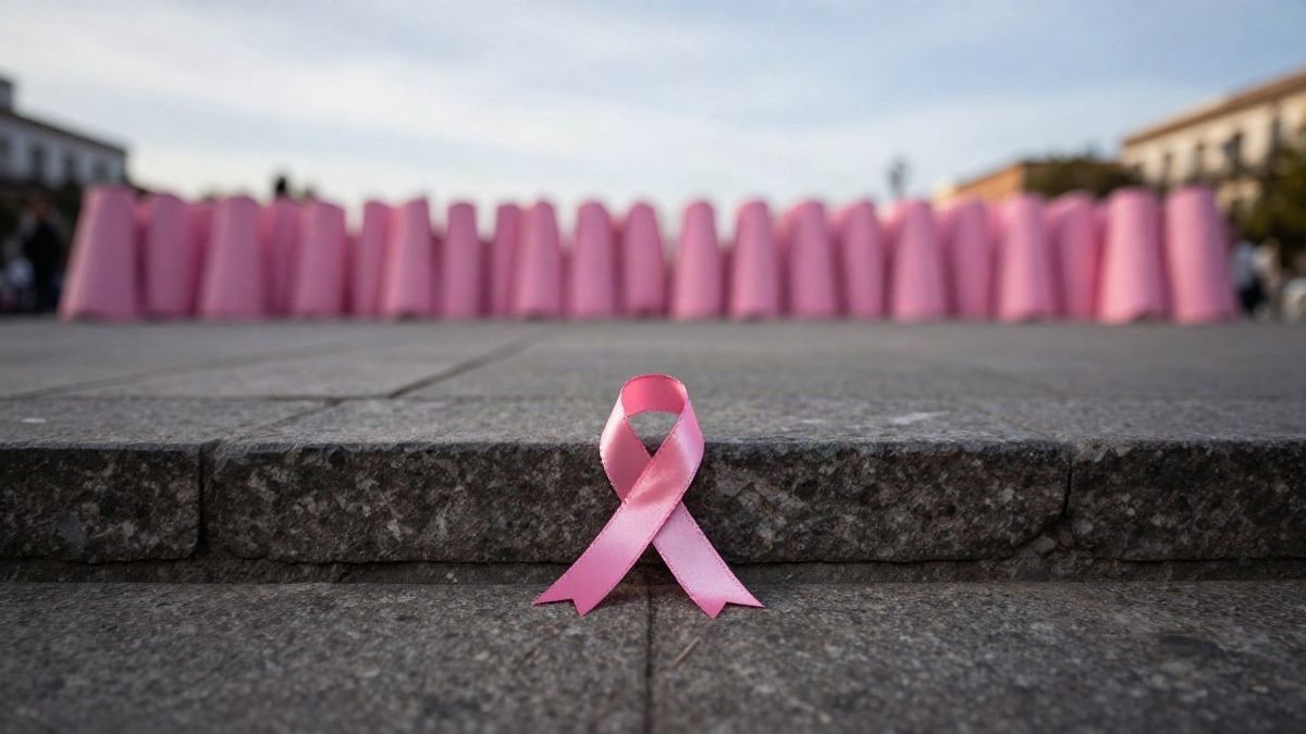 Imagen ilustrativa: un lazo rosa sobre un escalón de piedra en una plaza urbana, con cielo de fondo y luz natural suave