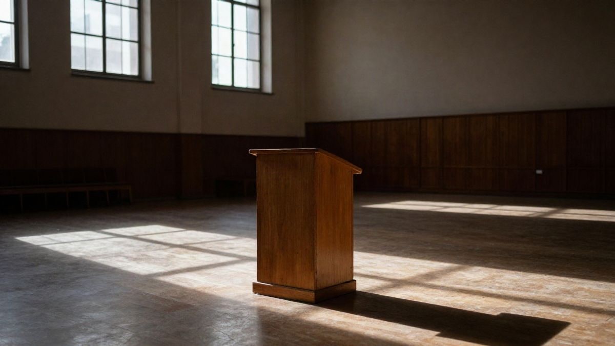 Imagen ilustrativa: atril de madera vacío en una sala institucional amplia con luz natural que entra por las ventanas