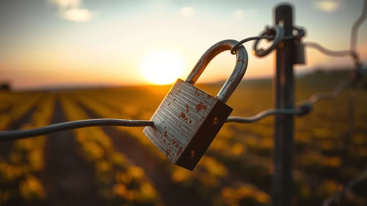 Primer plano de un candado oxidado en una valla de alambre, con un campo de cultivo al fondo al atardecer.