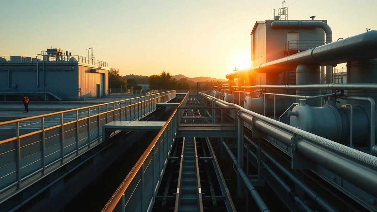 Vista general de una planta de tratamiento de agua al atardecer, con tuberías y un trabajador diminuto al fondo