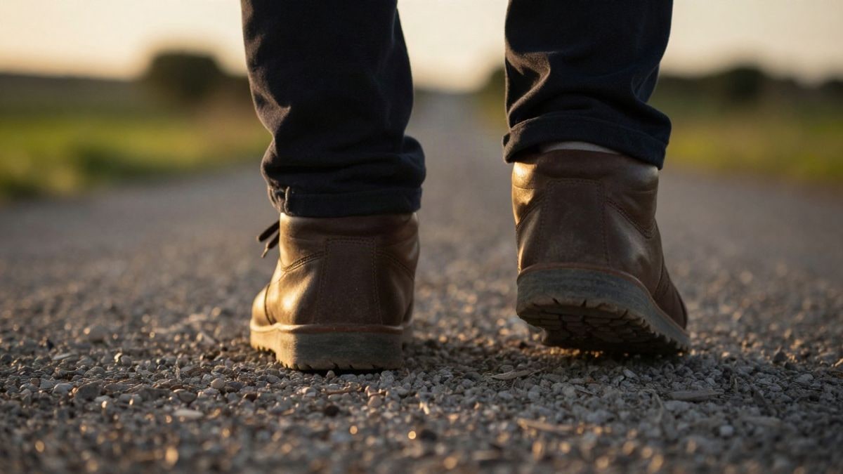Imagen ilustrativa: primer plano de unas zapatillas de marcha sobre un camino de tierra al atardecer