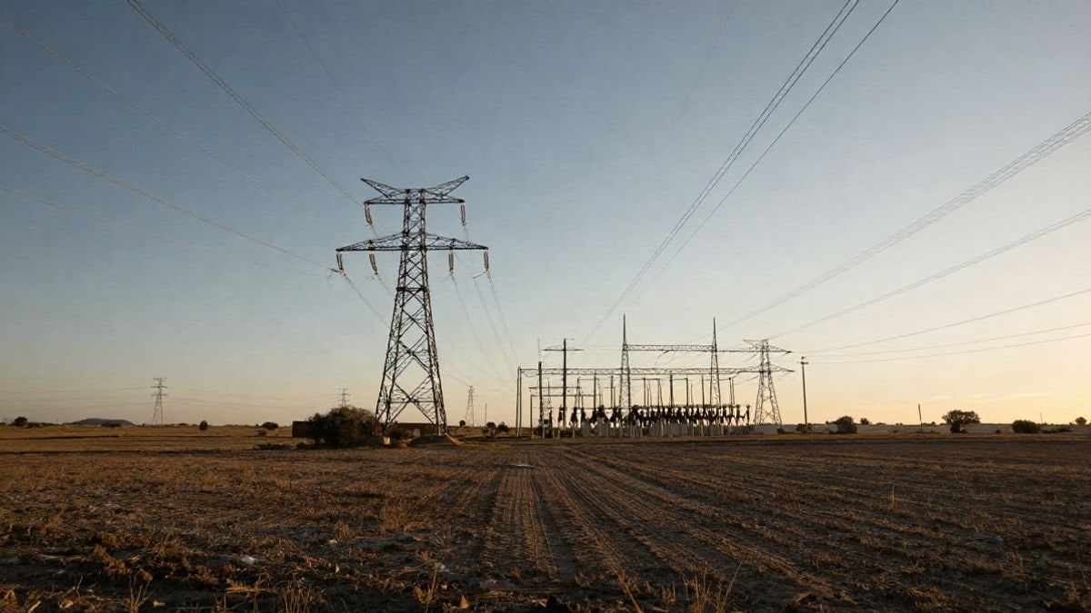 Imagen ilustrativa: torres de alta tensión y líneas eléctricas convergiendo hacia una subestación al atardecer