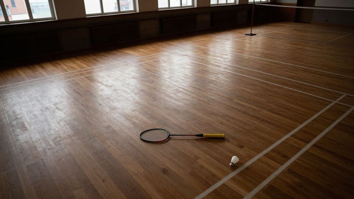 Imagen ilustrativa: vista cenital de una pista polideportiva universitaria con raquetas y volantes de bádminton sobre el suelo de madera