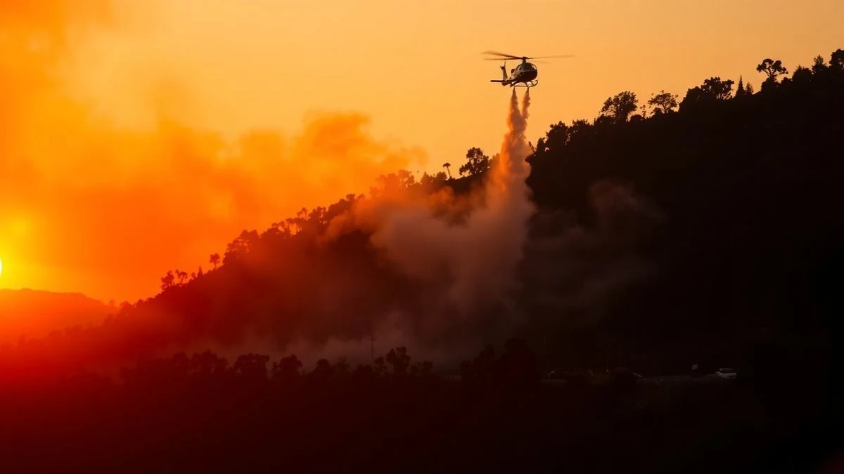 Imagen ilustrativa: incendio forestal al atardecer con helicóptero descargando agua y siluetas de árboles en contraluz