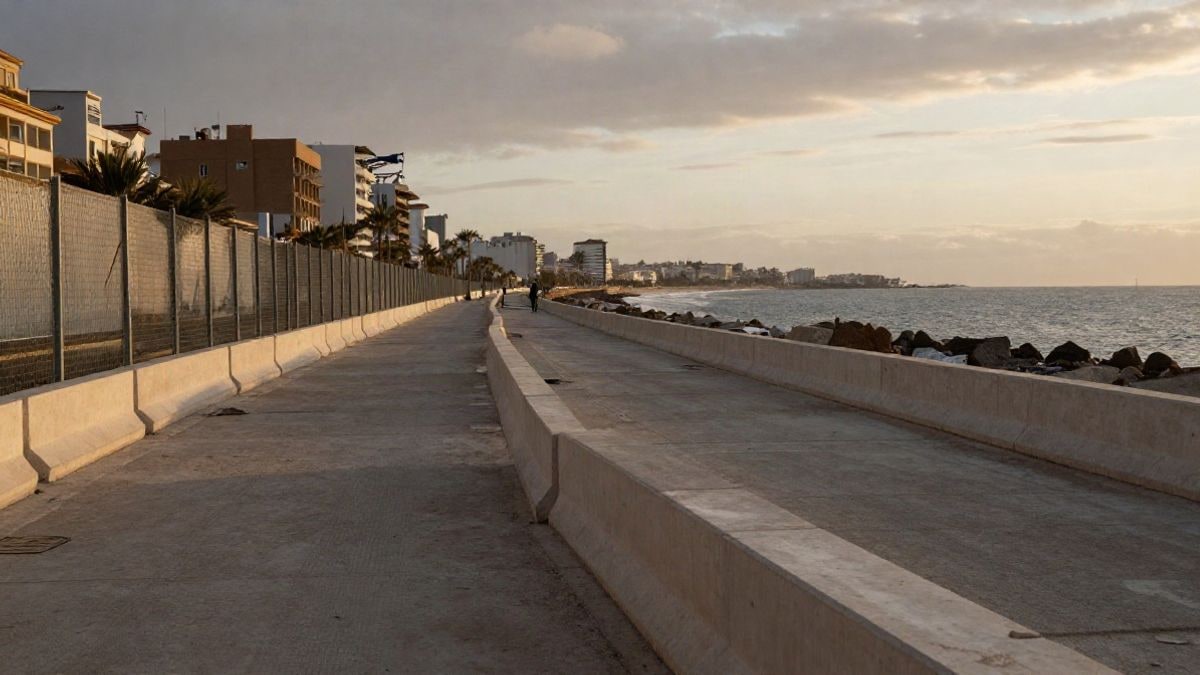 Imagen ilustrativa: un paseo marítimo en obras con barreras temporales y líneas que convergen hacia el horizonte