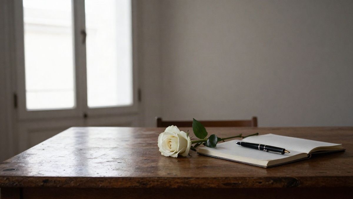Imagen ilustrativa: una rosa blanca sobre una mesa de madera antigua junto a una libreta cerrada y una pluma estilográfica