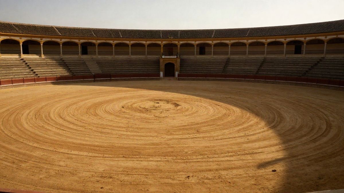 Imagen ilustrativa: gran angular de una plaza de toros vacía al atardecer con la arena y las gradas