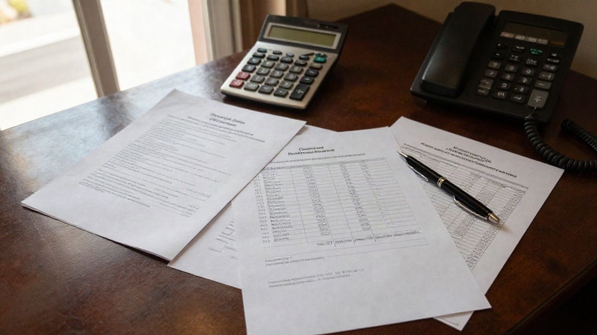 Imagen ilustrativa: vista cenital de un escritorio con documentos oficiales y calculadora
