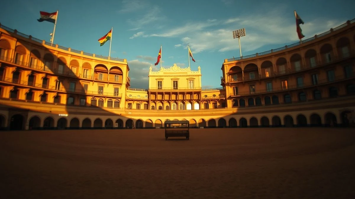 Imagen ilustrativa: vista cenital de una plaza de toros vacía al atardecer, con capote y banderillas en la arena