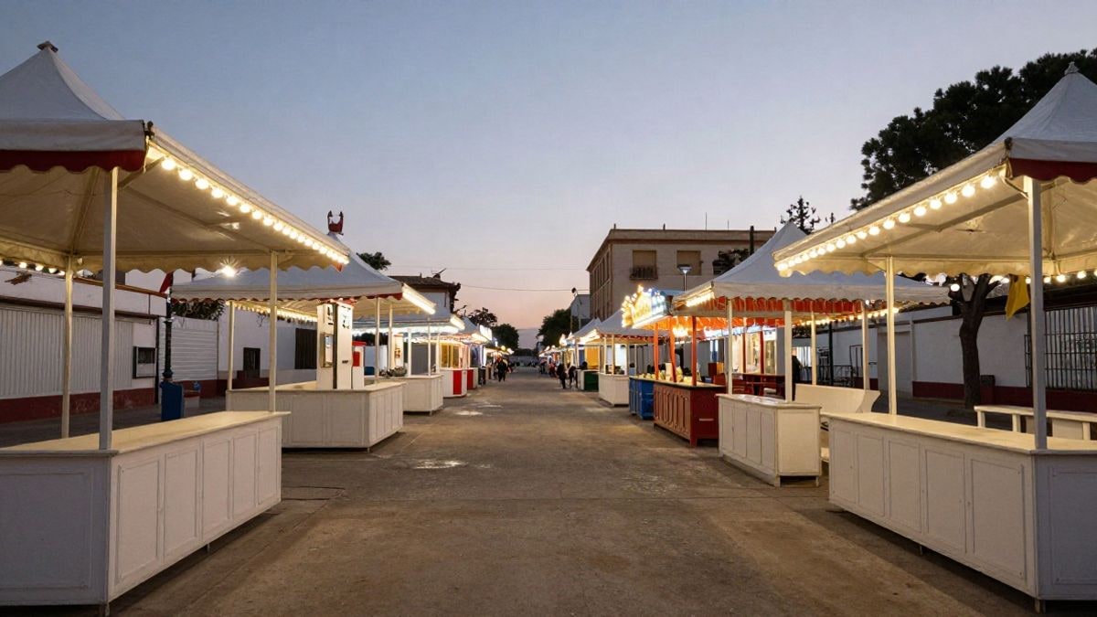 Imagen ilustrativa: gran angular de un recinto ferial español al atardecer con casetas blancas y luces que convergen hacia un paseo central
