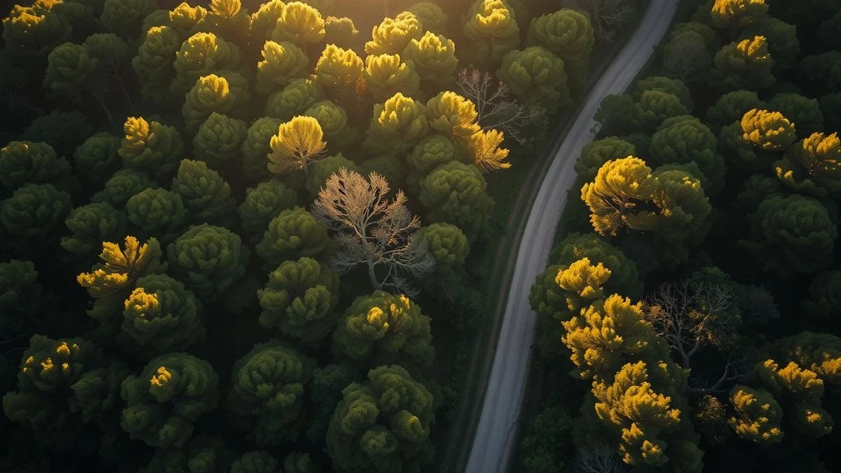 Imagen ilustrativa: vista aérea de un bosque mediterráneo al atardecer, con sombras alargadas y luz dorada filtrándose entre los árboles.