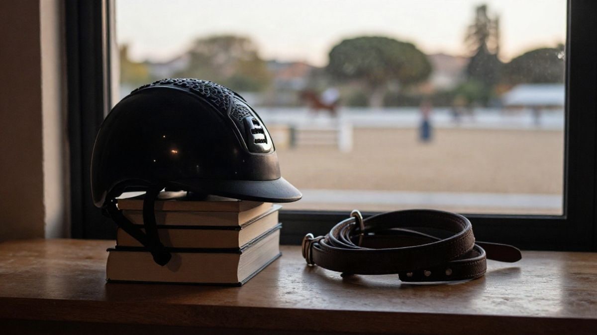 Imagen ilustrativa: libros apilados junto a un casco de equitación y riendas sobre una mesa de madera