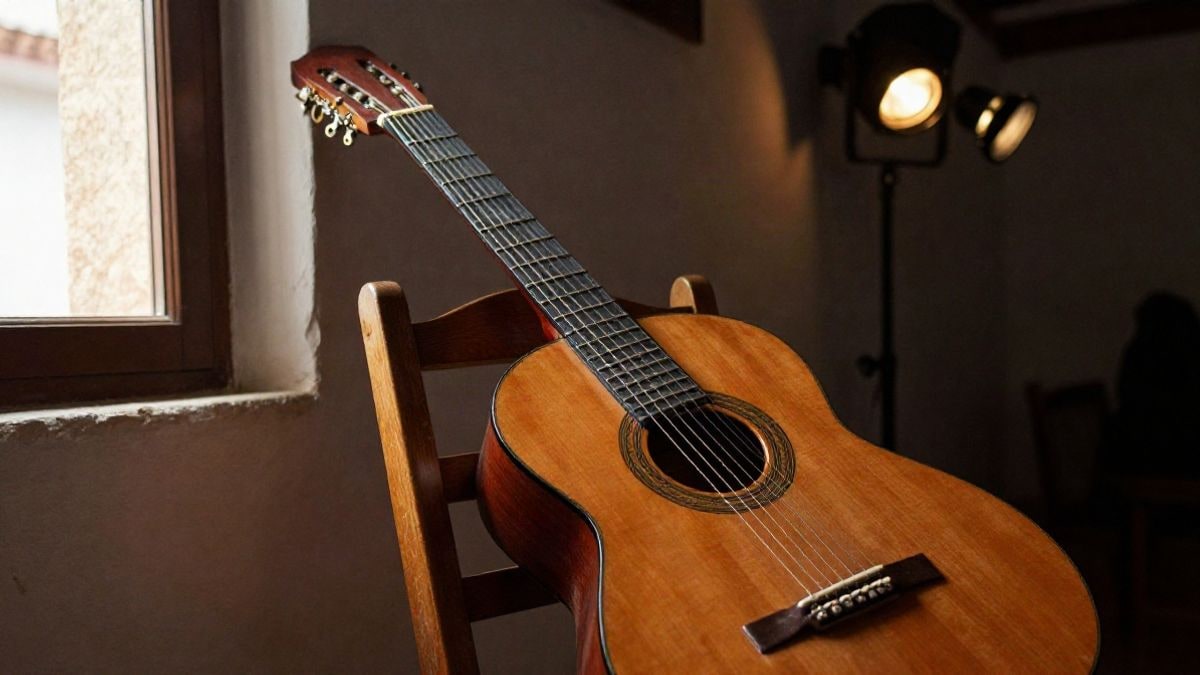 Imagen ilustrativa: una guitarra flamenca sobre una silla de madera en un local andaluz, con luz lateral de ventana.