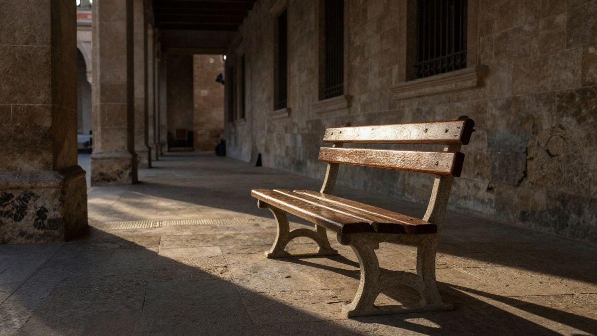 Imagen ilustrativa: banco de madera vacío en un pasillo de piedra al atardecer, con contraluz y sombras largas.