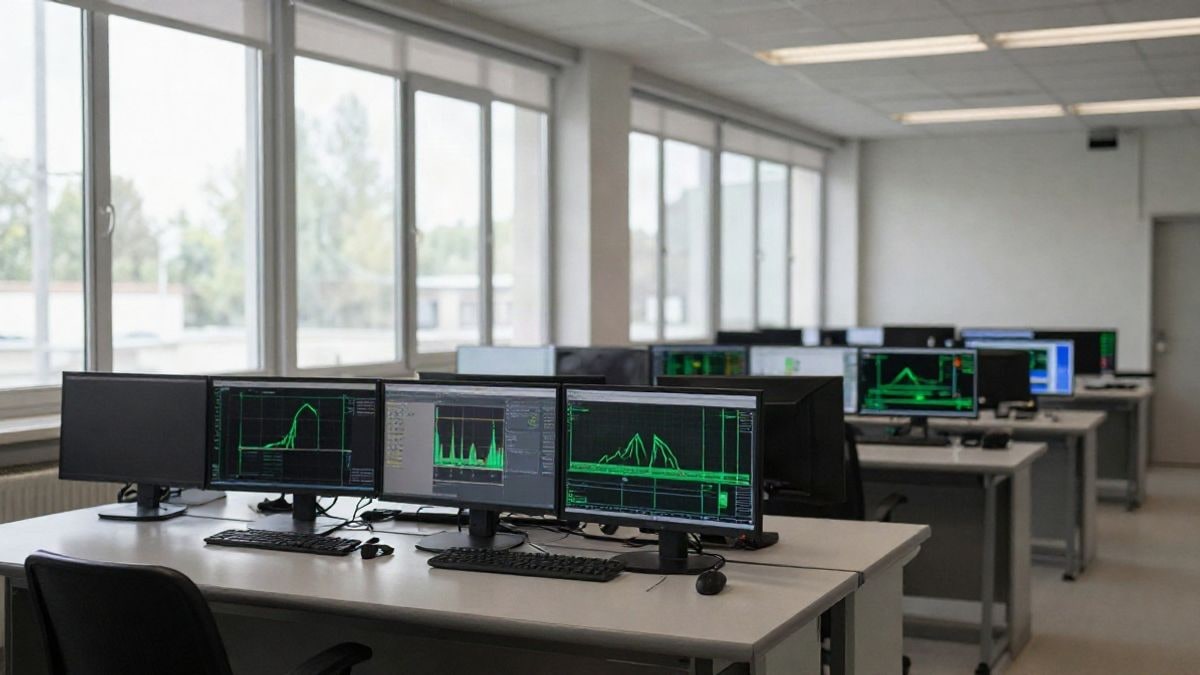 Imagen ilustrativa: sala de control industrial moderna con luz lateral de ventana y pantallas de datos energéticos